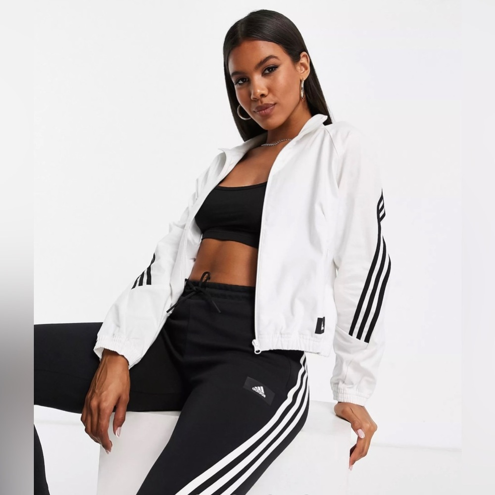 Adidas White Woven Jacket with 3 Stripes Full Zip